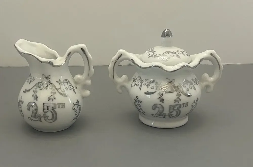 25th Anniversary Sugar Bowl and Creamer 3 Inch Japan Set Of 2